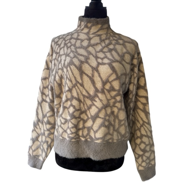 Halogen Fuzzy Abstract Stone Mock Neck Sweater Medium Cozy Gray Beige Fall - Picture 2 of 9